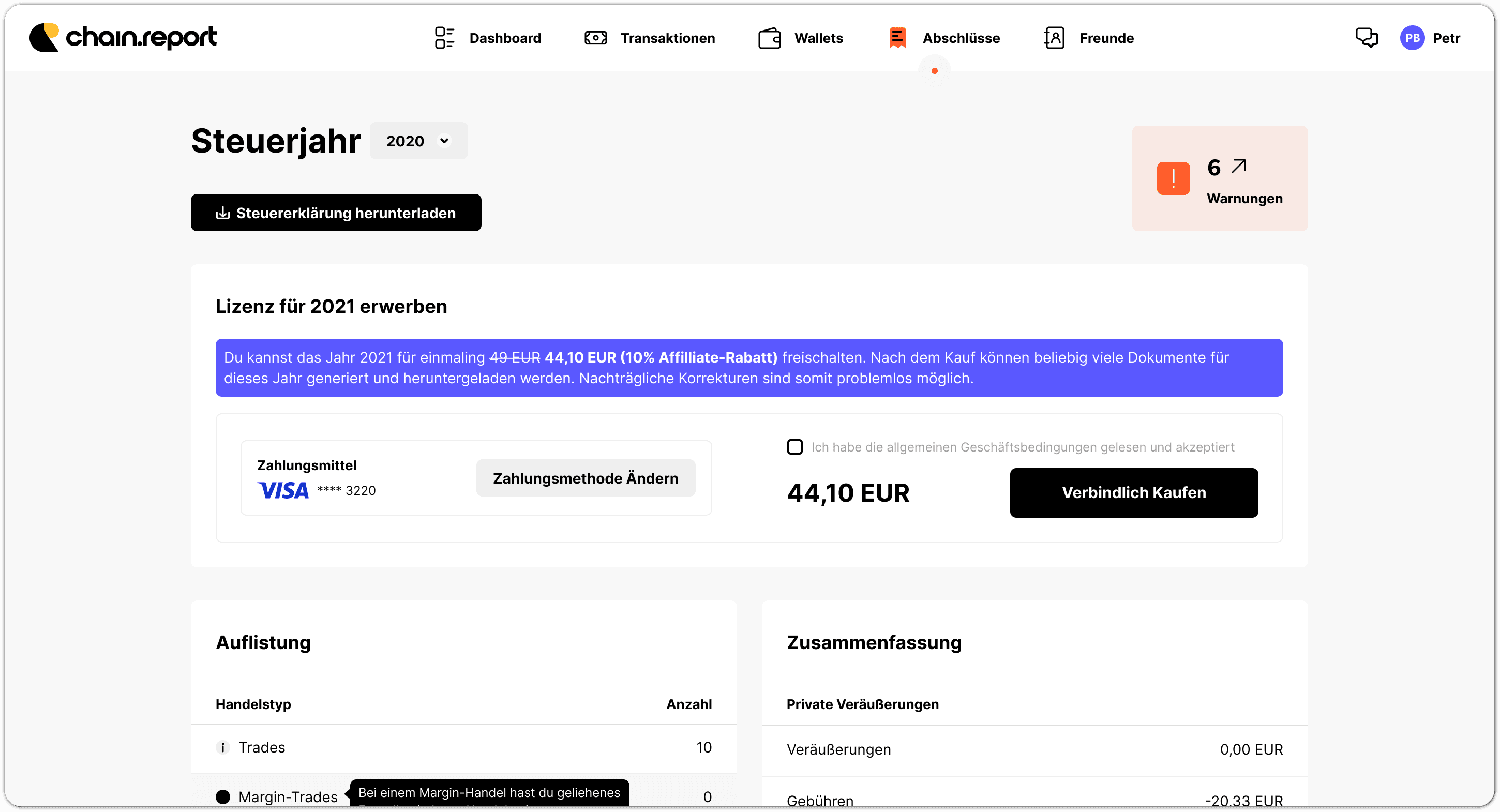 example screen of our tax reports