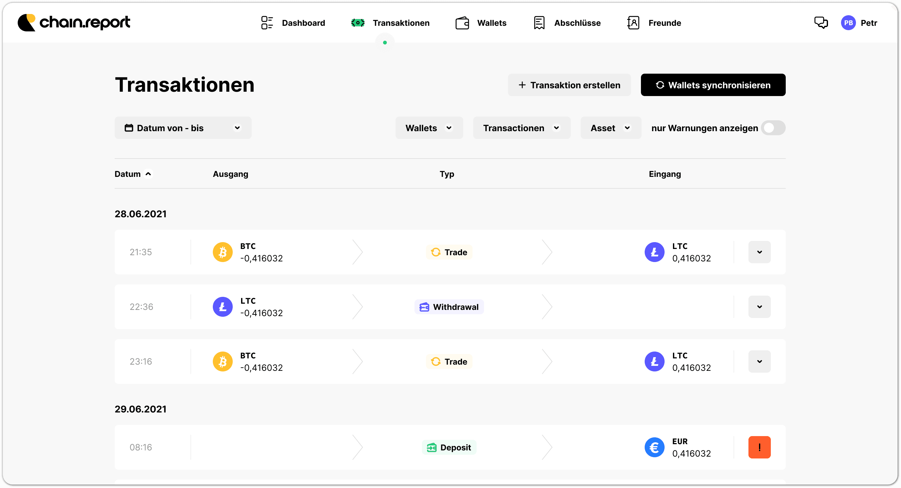 example screen of our transaction overview