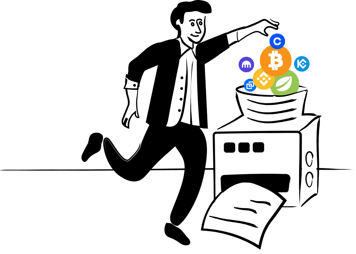 A happy men tossing coins into a tax calculator machine.